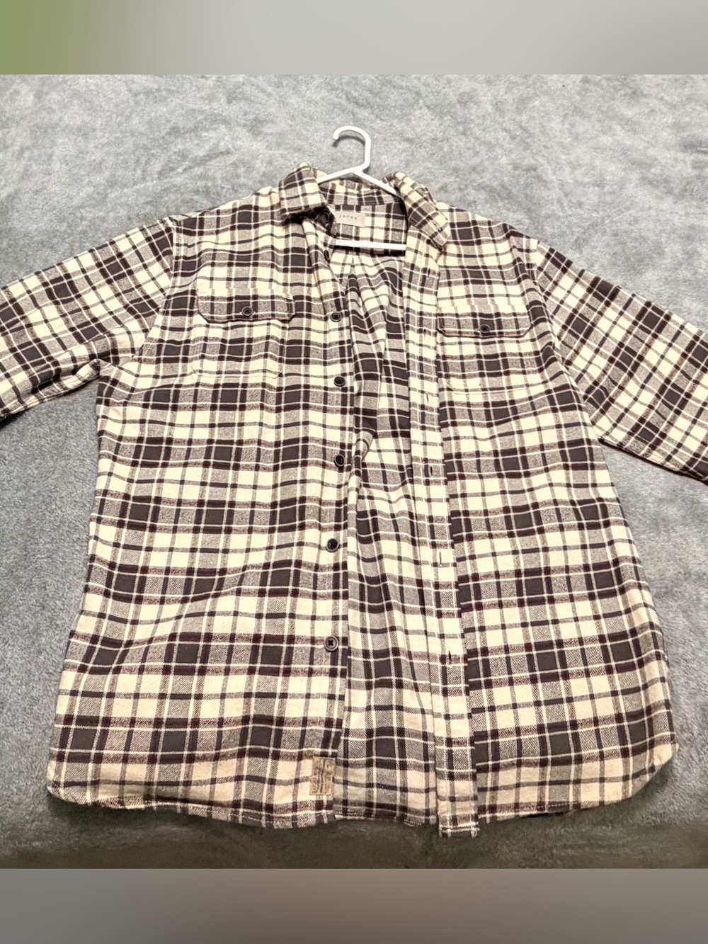 Jachs Men's Cream and Brown Plaid Button-Down Shirt Size Large